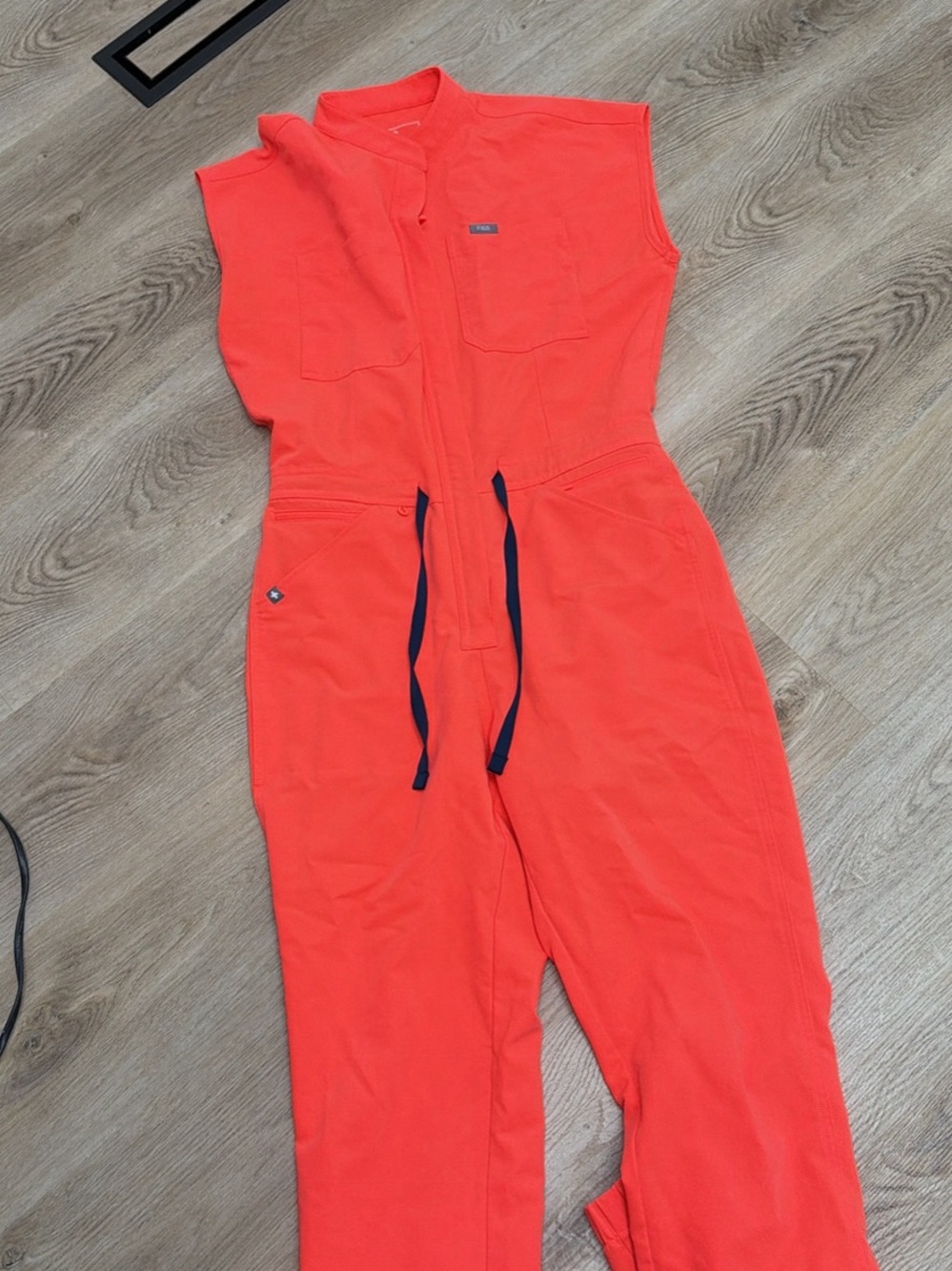 Figs fiery coral Jumpsuit with Navy Drawstring